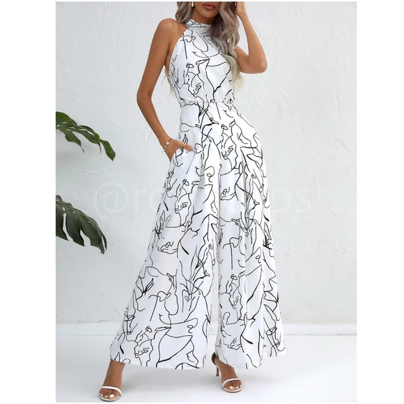 Abstract Print Black on White Long Wide Leg Halter Jumpsuit - Picture 3 of 7
